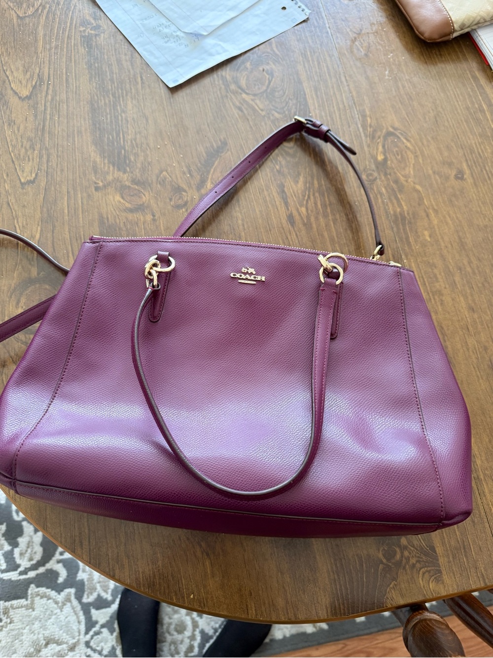 Coach Plum Leather Tote with Gold-Tone Hardware